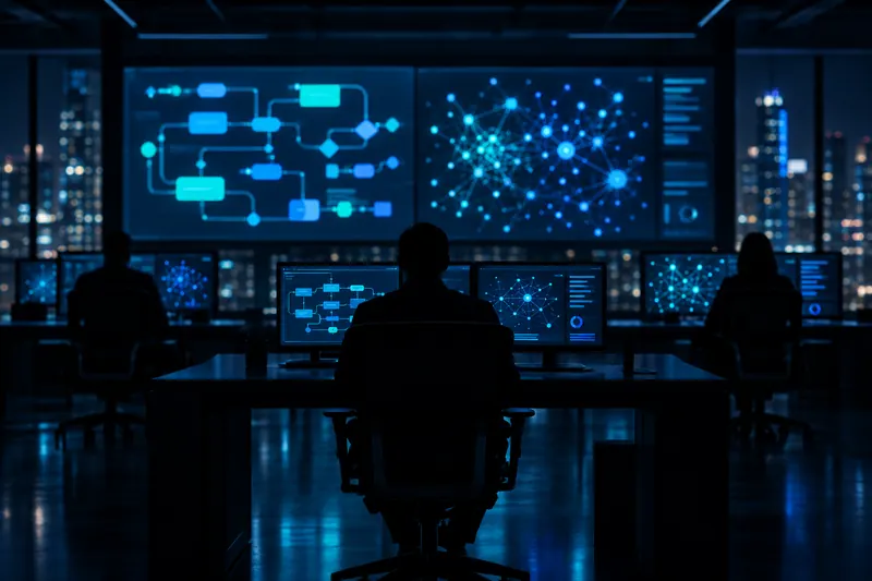 An operations room with screens showing workflow diagrams